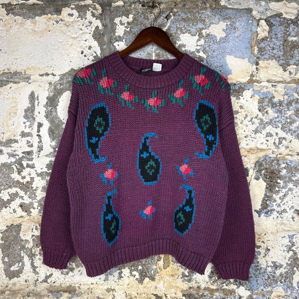 Vintage HDI Designers Originals Sweater Purple Paisley Floral Womens M